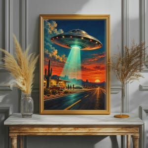 UFO Desert Sunset Wall Art, Orange and Blue Sci-Fi Poster, Retro Alien Print