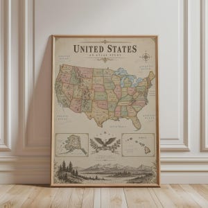 Op de afbeelding: Een ingelijste wandkunstprint met een vintage-stijl kaart van de Verenigde Staten getiteld "United States An Atlas Study". De kaart toont staatsgrenzen in gedempte pastelkleuren, met illustraties van bergen, een adelaar en een landschap.