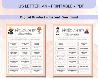 Halloween Charades Cards Family Party Game Kids Halloween Activity Adult Teens Charades Instant Download Printable