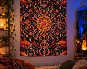 Tapiz de sol psicodélico, mandala celestial naranja y dorado para colgar en la pared.