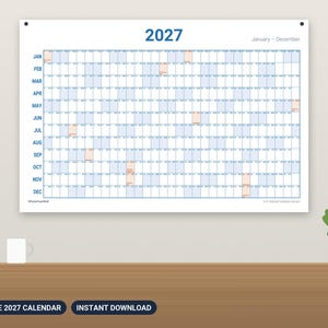 2027 Wall Calendar Printable, Large Year at a Glance Calendar with US Holidays, 24x36 Big Wall Planner, One Page Linear Calendar PDF