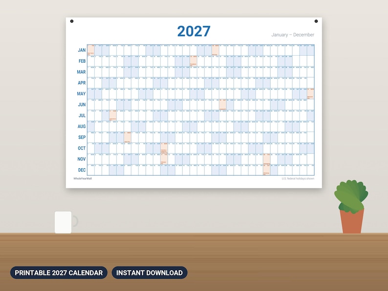 2027 Wall Calendar Printable, Large Year at a Glance Calendar with US Holidays, 24x36 Big Wall Planner, One Page Linear Calendar PDF image 1