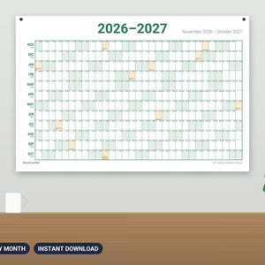 2026-2027 Wall Calendar Printable, Start Any Month, 12 Month Academic Year at a Glance Calendar, Large School Year Planner PDF image 1