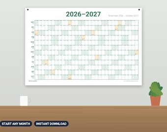2026-2027 Wall Calendar Printable, Start Any Month, 12 Month Academic Year at a Glance Calendar, Large School Year Planner PDF