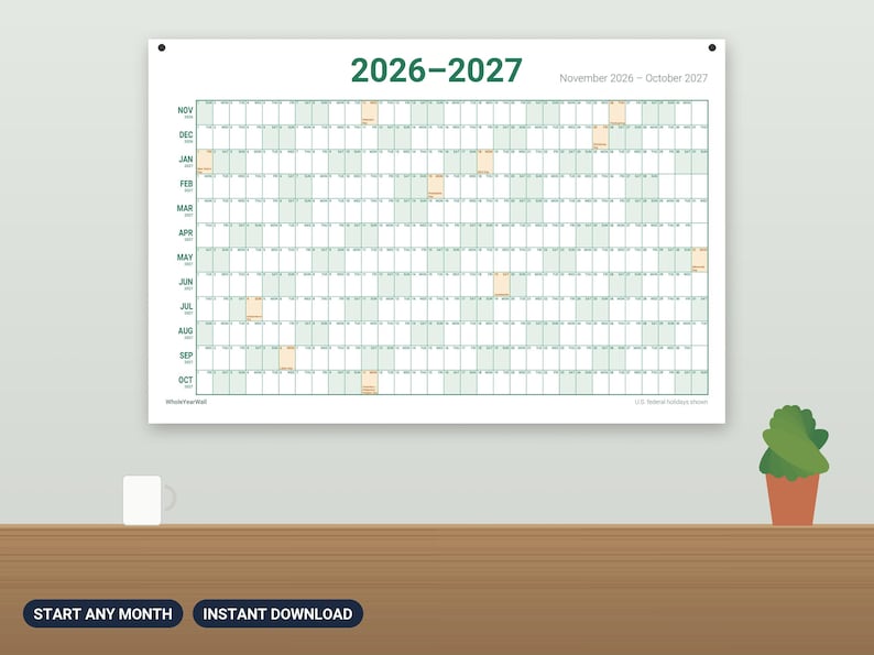 2026-2027 Wall Calendar Printable, Start Any Month, 12 Month Academic Year at a Glance Calendar, Large School Year Planner PDF image 1