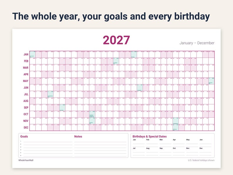 Calendario da parete stampabile per la famiglia 2027, grande agenda annuale con obiettivi e compleanni, calendario familiare di grandi dimensioni 24x36 in formato PDF immagine 2