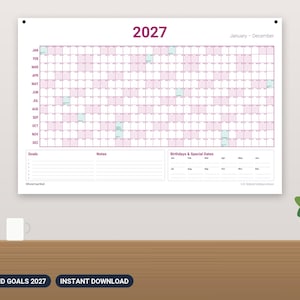 2027 Family Wall Calendar Printable, Large Year at a Glance Planner with Goals and Birthdays, Big Family Calendar 24x36 PDF