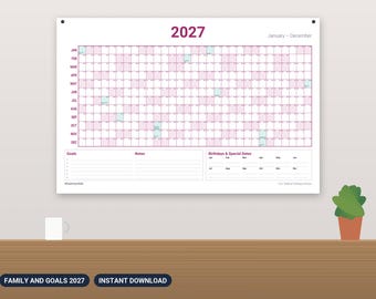 2027 Family Wall Calendar Printable, Large Year at a Glance Planner with Goals and Birthdays, Big Family Calendar 24x36 PDF