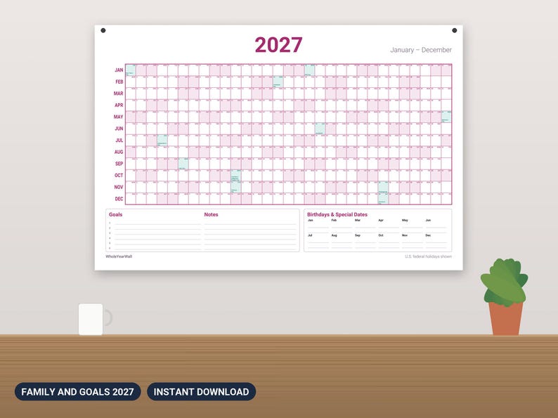 Calendario da parete stampabile per la famiglia 2027, grande agenda annuale con obiettivi e compleanni, calendario familiare di grandi dimensioni 24x36 in formato PDF immagine 1