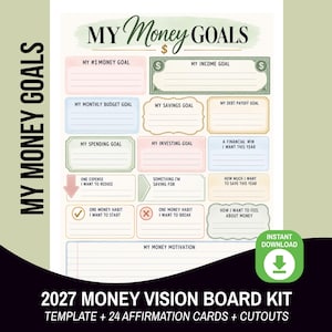 May include: A printable financial planner sheet titled MY MONEY GOALS with sections for income, savings, debt, and spending goals. The layout includes colorful boxes, lines for writing, and a green instant download icon with a downward arrow.