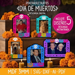 Puede incluir: Un conjunto de descarga digital de cinco portarretratos para Día de Muertos, con bordes decorativos coloridos y motivos de calaveras y gatos. Diseñados para material MDF de 3 mm, incluyen formatos de archivo SVG, DXF, AI y PDF.