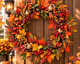 May include: A circular autumn wreath featuring a dense arrangement of vibrant red, orange, and yellow maple leaves, interspersed with clusters of small red berries, dried seed pods, and golden yellow foliage, mounted on a wooden door.