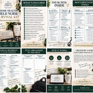 Op de afbeelding: Een digitale survival kit voor thuiszorgverpleegkundigen met 19 pagina's aan klinische documentatietools, checklists en gidsen. De set bevat sjablonen voor bezoekbeoordelingen, medicatieoverzichten en SBAR-communicatie voor verpleegkundigen.