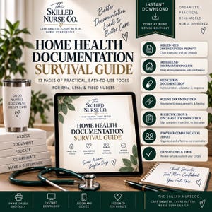 Può includere: Un set di prodotti digitali Home Health Documentation Survival Guide che include un tablet con la guida, un bicchiere bianco con testo, una pila di libri con compiti infermieristici, uno stetoscopio, un taccuino e un elenco di funzioni di documentazione.