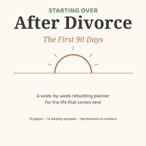 Könnte beinhalten: Ein Planer-Cover mit dem Titel Starting Over After Divorce The First 90 Days. Es zeigt eine Sonnenaufgangsgrafik, den Untertitel A week-by-week rebuilding planner for the life that comes next sowie Angaben zu 31 Seiten, 12 Wochenübersichten und Trackern.