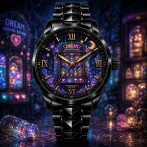 May include: A black metal wristwatch with a link strap and a dark purple dial featuring a graphic of a vending machine labelled DREAM VENDING MACHINE and NOVA. The watch face includes gold-toned hands, Roman numeral hour markers, and a crescent moon.