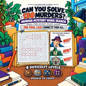 May include: A murder mystery word search book titled Can You Solve 130 Murders? The Quiet Files. The cover features a grid of letters with circled words, illustrations of a detective, a poison bottle, and a building, plus four difficulty level badges.