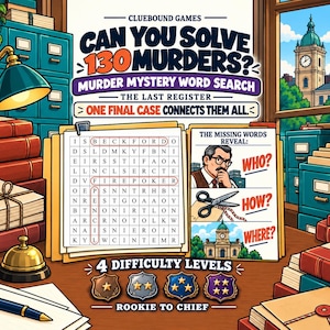 May include: A murder mystery word search game titled Can You Solve 130 Murders? The Last Register. The game features a grid of letters, a section for missing words with illustrations of a detective, scissors, and a building, plus four difficulty badges.