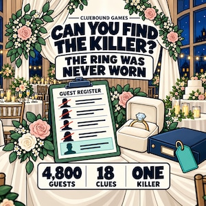 Può includere: Un set di gioco misterioso Cluebound Games intitolato Can You Find The Killer? The Ring Was Never Worn. Include una cartellina per il registro degli ospiti, un anello di diamanti in una scatola, una custodia blu con etichetta e testo con 4.800 ospiti, 18 indizi, un assassino.