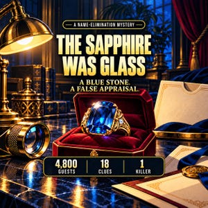 Pode incluir: Um anel de ouro com uma grande pedra azul retangular numa caixa de veludo vermelho. Texto: A NAME-ELIMINATION MYSTERY, THE SAPPHIRE WAS GLASS, A BLUE STONE. A FALSE APPRAISAL. 4.800 GUESTS, 18 CLUES, 1 KILLER. Uma lâmpada e documentos próximos.