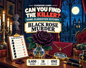Gotisch moordmysteriespel, puzzelboek met naameliminatie, printbare detective-pdf, voor solo- en date-avonden - Black Rose Murder