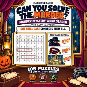 Könnte beinhalten: Ein Krimi-Wortsuchspiel mit dem Titel Can You Solve The Murder? The Last Lantern. Das Spielbrett zeigt ein Gitter mit eingekreisten Wörtern, einen Hinweisbereich mit Illustrationen einer maskierten Figur, einem Seil und einem Theater.