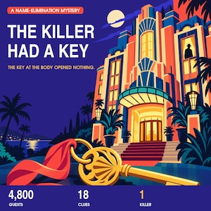 May include: A game box cover titled The Killer Had A Key, featuring a gold key with a red ribbon in the foreground. The background shows a large, illuminated hotel building at night with palm trees, a moon, and the text 4,800 guests, 18 clues, 1 killer.