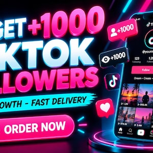 Könnte beinhalten: Eine digitale Grafik mit einem Smartphone, das ein TikTok-Profil anzeigt, mit dem Text GET +1000 TIKTOK FOLLOWERS, REAL GROWTH - FAST DELIVERY und ORDER NOW. Das Design enthält neonfarbene rosa und blaue Akzente, schwebende Benachrichtigungssymbole und ein Balkendiagramm.