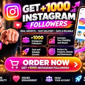 Puede incluir: Un gráfico publicitario digital con el texto GET +1000 INSTAGRAM FOLLOWERS, REAL GROWTH, FAST DELIVERY, SAFE & RELIABLE y ORDER NOW. El diseño incluye acentos de color rosa y naranja neón, con iconos de corazones, cohetes y gráficos.