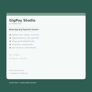 Könnte beinhalten: Ein digitales Tabellendokument mit dem Titel GigPay Studio von VariablePay Studio, ein Multi-App-Gehaltssystem für Gig-Worker. Es listet Funktionen wie DoorDash, Uber, Instacart, Amazon Flex, wöchentliche Gehaltsabrechnung, Kilometerprotokoll, Steuer-Tracker und Excel-Format auf.