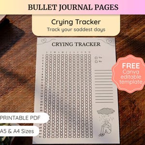 May include: A printable bullet journal page titled Crying Tracker with a grid for tracking days of the year, featuring a small illustration of a person sitting under a rain cloud, checkboxes for Yes and No, and text indicating it is a free Canva template.