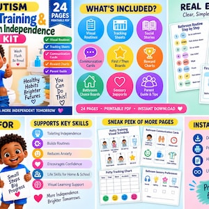 Puede incluir: Un kit imprimible en PDF de 24 páginas para el entrenamiento de ir al baño y la independencia en el aseo, que incluye rutinas visuales, hojas de seguimiento, historias sociales, tarjetas de comunicación, tablas de premios y guía para padres.