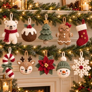 May include: A collection of ten crocheted Christmas ornaments including a polar bear with a red scarf, a pudding, a green tree, a gingerbread person, a red stocking, a candy cane, a reindeer, a poinsettia, a snowman, and a white snowflake.