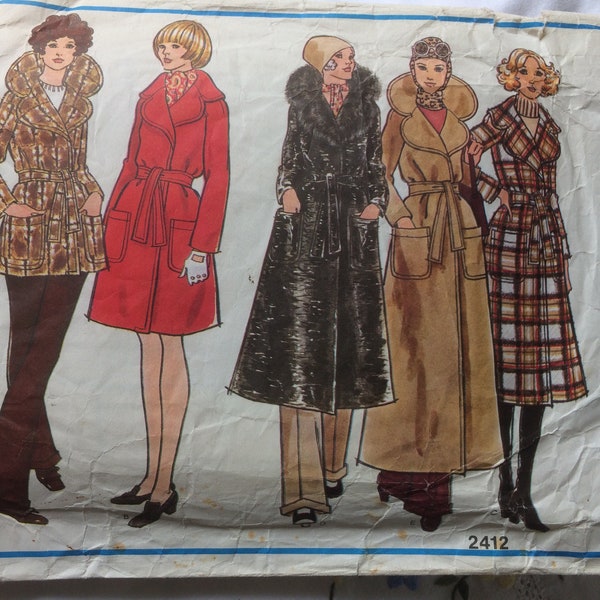 70s Wrap Coat Vogue’s Basic Design Sewing Pattern 2412. Blanket Coat with Detachable Fur Collar Option. Vintage Size 14 , Bust 36”