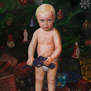 May include: An oil painting of a fair-haired toddler wearing a white diaper, standing in front of a decorated Christmas tree. The toddler holds a dark purple toy handgun, while a black toy rifle rests on the floor in the foreground.