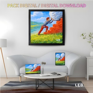 Peut inclure: Une impression d'art en téléchargement numérique montrant une personne en chemise grise et pantalon rouge poussant un gros rocher blanc sur des marches orange dans un champ herbeux sous un ciel bleu. Le texte PACK DIGITAL / DIGITAL DOWNLOAD est visible.