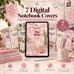 May include: A digital product display featuring 7 notebook covers with pink and floral themes, science-themed text, and illustrations of lab equipment. A tablet shows a cover titled Big Ideas, surrounded by stacked books and a speckled mug.
