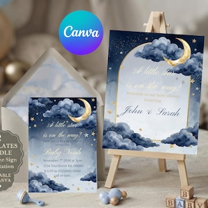 May include: A baby shower invitation and welcome sign template bundle featuring a dark blue night sky with watercolour clouds, a golden crescent moon, and stars. The text reads A little star is on the way, honouring John and Sarah, and Baby Noah.