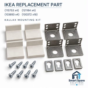 以下が含まれることがあります： IKEA REPLACEMENT PART KALLAX MOUNTING KIT (115753 x4) (121184 x4) (103693 x4) (100372 x16)。ライトグレーのL字型プラスチックブラケット4個、円形の穴が開いた金属製L字型ブラケット4個、銀色のネジ8本、金属プレート4枚が含まれています。
