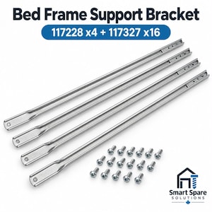 May include: Four silver-colored metal bed frame support brackets and sixteen matching screws. The text Bed Frame Support Bracket and 117228 x4 + 117327 x16 is visible. The Smart Spare Solutions logo is in the bottom right corner.