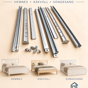 May include: A set of silver metal bed frame support rails and screws, labelled as compatible with HEMNES, ASKVOLL, and SONGESAND bed models. The image displays the hardware components alongside illustrations of the three specific bed frames.