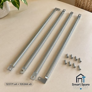 May include: Four long, silver-coloured metal support bars with flat, angled ends featuring pre-drilled holes, accompanied by eight small silver screws. The text 123771 x4 + 105344 x8 is visible, along with the Smart Spare Solutions logo.