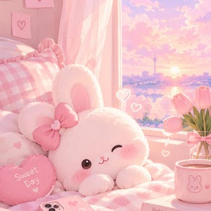 Puede incluir: Un juguete de peluche de conejo blanco con un lazo rosa, un cojín rosa en forma de corazón con el texto Sweet Day, una funda de teléfono rosa con un gráfico de conejo y una taza rosa con cara de conejo, frente a una ventana al atardecer.