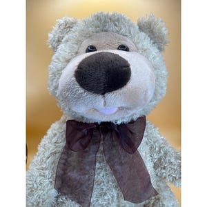 May include: A plush teddy bear with shaggy, light beige fur, a smooth tan muzzle, and a large, dark brown nose. The bear features black plastic eyes, a small pink tongue, and a wide, sheer, dark brown ribbon tied in a bow around its neck.