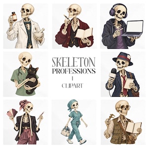 Peut inclure: Une collection de neuf illustrations intitulée SKELETON PROFESSIONS 1 CLIPART représentant des squelettes dans divers rôles, notamment scientifique, écrivain, informaticien, vétérinaire avec un chat, journaliste, designer, infirmier et chercheur.