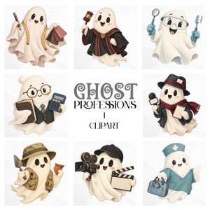 Spökyrken Clipart-paket, söta Halloween-karriär PNG-illustrationer, lärare, sjuksköterska, läkare, advokatkontor, spöke-clipart
