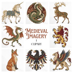 May include: A collection of medieval imagery clipart featuring a unicorn, a coiled dragon, a stag, a winged dragon, a rampant lion, a fox, a double-headed eagle, and a griffin. The central text reads MEDIEVAL IMAGERY 1 CLIPART in a serif font.