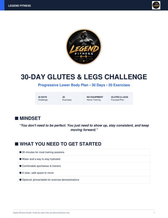 30 Day Glutes & Legs Workout Plan | Home Workout Challenge | Lower Body Fitness PDF | Glute Workout Guide | No Equipment