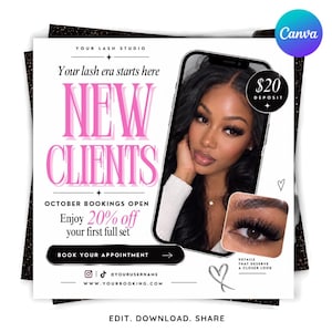 Puede incluir: Un folleto promocional para un estudio de pestañas con el texto Your lash era starts here, NEW CLIENTS, OCTOBER BOOKINGS OPEN, Enjoy 20% off your first full set y BOOK YOUR APPOINTMENT. Incluye una imagen de un smartphone y un primer plano de pestañas.