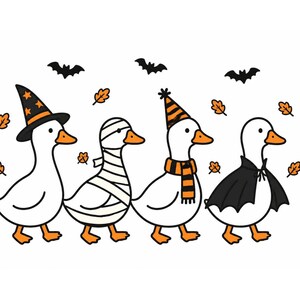 May include: A digital illustration of four white ducks in a row. The first wears a black witch hat with orange stars, the second is wrapped in white bandages, the third wears an orange and black striped hat and scarf, and the fourth wears a black cape.